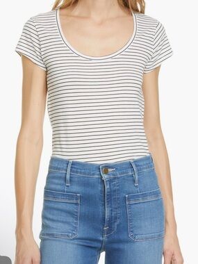 FRAME Le Mid Rise Scoop Striped Tee White Black Stripes Organic Cotton Small